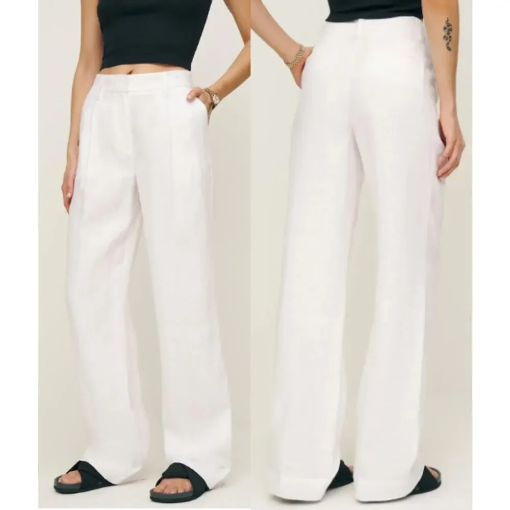 NWT Reformation Alex Mid-Rise Linen Trouser Pants White Size 10